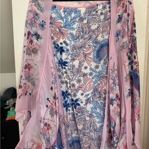 Women's Anthropologie Pink and Blue Floral Cocoon Wrap Kimono OSFM